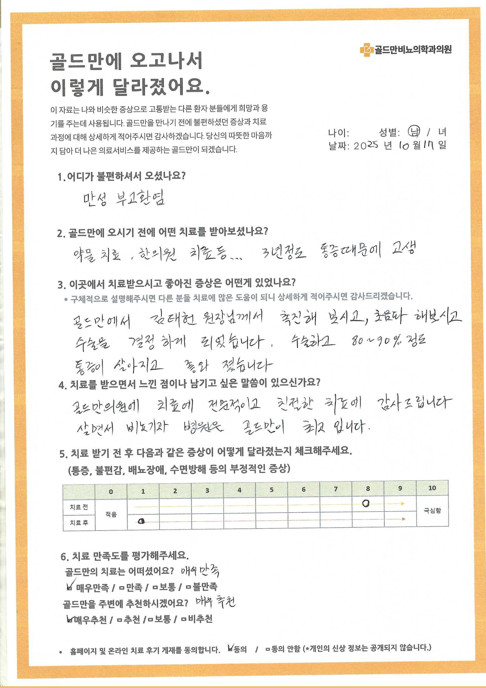 골드만 비뇨의학과 만성 부고환염 치료 후기, 통증 감소