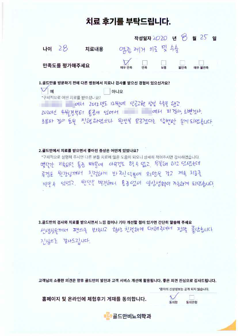 염증 제거 치료 후기. 인공고환 삽입 후 통증 완화.