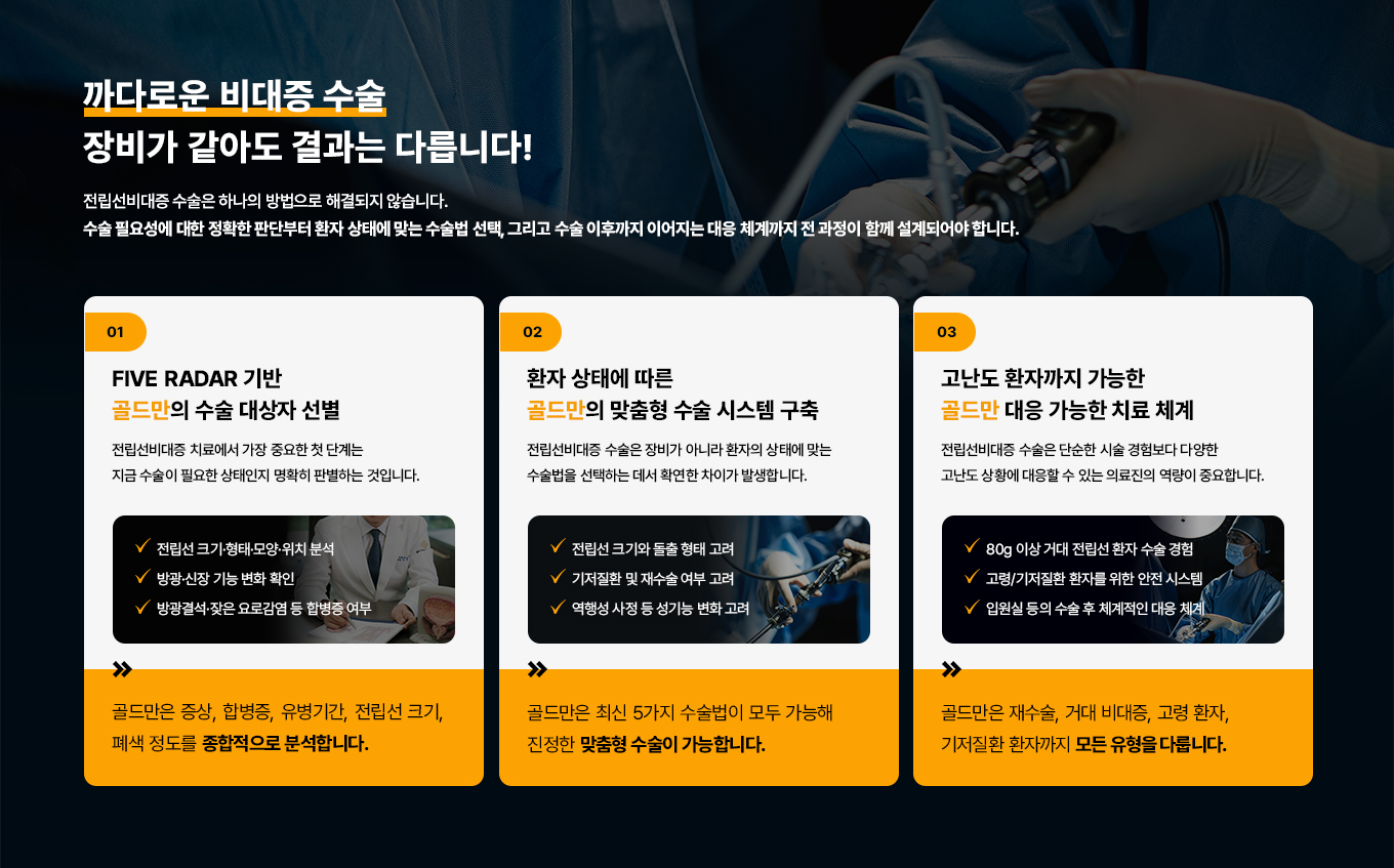 까다로운 비대증 수술
장비가 같아도
결과는 다릅니다!
전립선비대증 수술은 하나의 방법으로
해결되지 않습니다. 수술 필요성에 대한
정확한 판단부터 환자 상태에 맞는 수술법 선택,
그리고 수술 이후까지 이어지는 대응 체계까지
전 과정이 함께 설계되어야 합니다.
01
FIVE RADAR 기반
골드만의 수술 대상자 선별
전립선비대증 치료에서 가장 중요한 첫 단계는
지금 수술이 필요한 상태인지
명확히 판별하는 것입니다.
전립선 크기·형태·모양·위치 분석
방광·신장 기능 변화 확인
방광결석·잦은 요로감염 등 합병증 여부
골드만은 증상, 합병증, 유병기간, 전립선
크기, 폐색 정도를 종합적으로 분석합니다.
02
환자 상태에 따른
골드만의 맞춤형 수술시스템 구축
전립선비대증 수술은 장비가 아니라
환자의 상태에 맞는 수술법을 선택하는 데서
확연한 차이가 발생합니다.
전립선 크기와 돌출형태 고려
기저질환 및 재수술 여부 고려
역행성 사정 등 성기능 변화 고려
골드만은 최신 5가지 수술법이 모두
가능해 진정한 맞춤형 수술이 가능합니다.
03
고난도 환자까지 가능한
골드만 대응 가능한 치료 체계
전립선비대증 수술은 단순한 시술 경험보다
다양한 고난도 상황에 대응할 수 있는
의료진의 역량이 중요합니다.
80g 이상 거대 전립선 환자 수술 경험
고령/기저질환 환자를 위한 안전 시스템
입원실 등의 수술 후 체계적인 대응 체계
골드만은 재수술, 거대 비대증, 고령 환자,
기저질환 환자까지 모든 유형을 다룹니다.