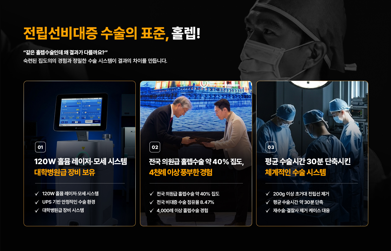 전립선비대증 수술의 표준, 홀렙! 같은 홀렙수술인데 왜 결과가 다를까요? 숙련된 집도의의 경험과 정밀한 수술 시스템이 결과의 차이를 만듭니다.

01. 120W 홀뮴 레이저·모세 시스템, 대학병원급 장비 보유
- 120W 홀뮴 레이저·모세 시스템
- UPS 기반 안정적인 수술 환경
- 대학병원급 장비 시스템

02. 전국 의원급 홀렙수술 약 40% 집도, 4천례 이상 풍부한 경험
- 전국 의원급 홀렙수술 약 40% 집도
- 전국 비대증 수술 점유율 8.47%
- 4,000례 이상 홀렙수술 경험

03. 평균 수술시간 30분 단축시킨 체계적인 수술 시스템
- 200g 이상 초거대 전립선 제거
- 평균 수술시간 약 30분 단축
- 재수술·결찰사 제거 케이스 대응