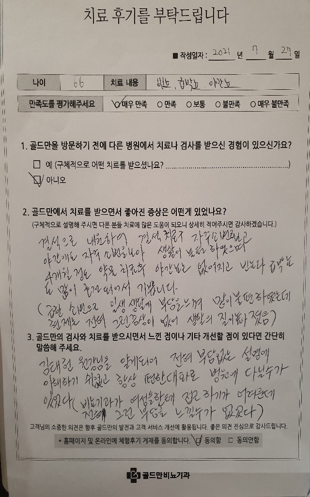 야간뇨, 빈뇨, 급박뇨 치료 후기. 약물 치료 후 증상 호전.