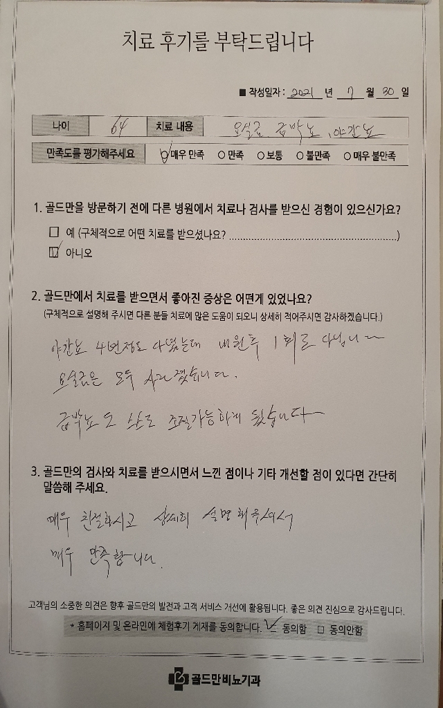 요실금, 급박뇨, 야간뇨 치료 후기. 야간뇨 1회, 요실금 완치, 급박뇨 조절 가능.