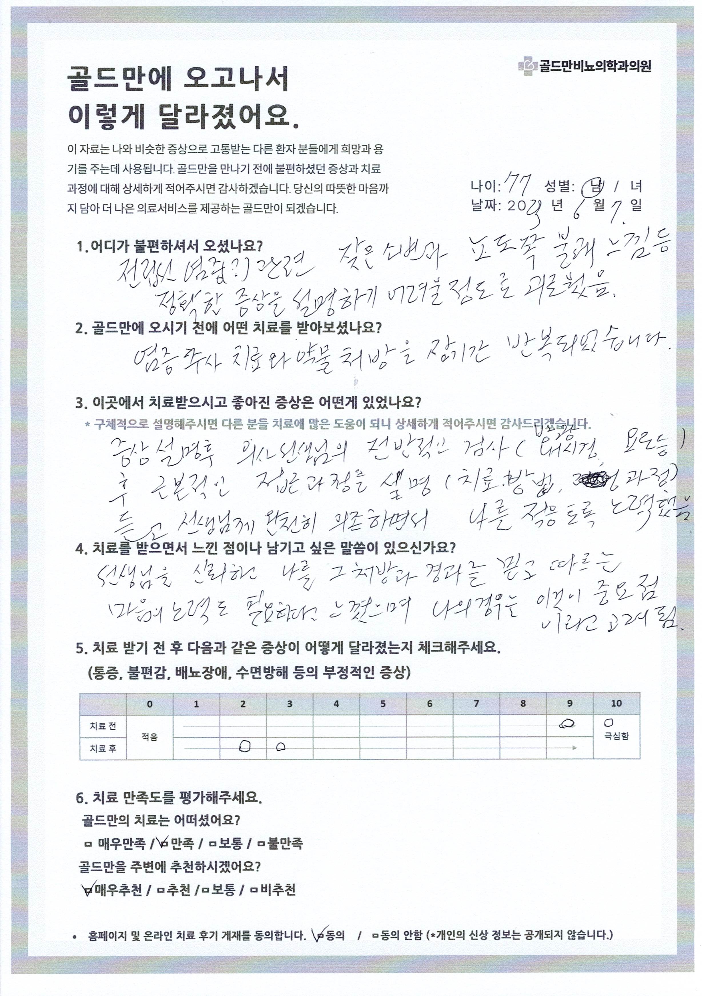 * 77세 남성, 골드만비뇨의학과의원 치료 후기* 전립선염 관련 잦은 소변, 요도 불쾌감 호전* 염증 주사, 약물 반복 치료 후 골드만에서 호전* 의사 신뢰, 처방 준수가 중요하다