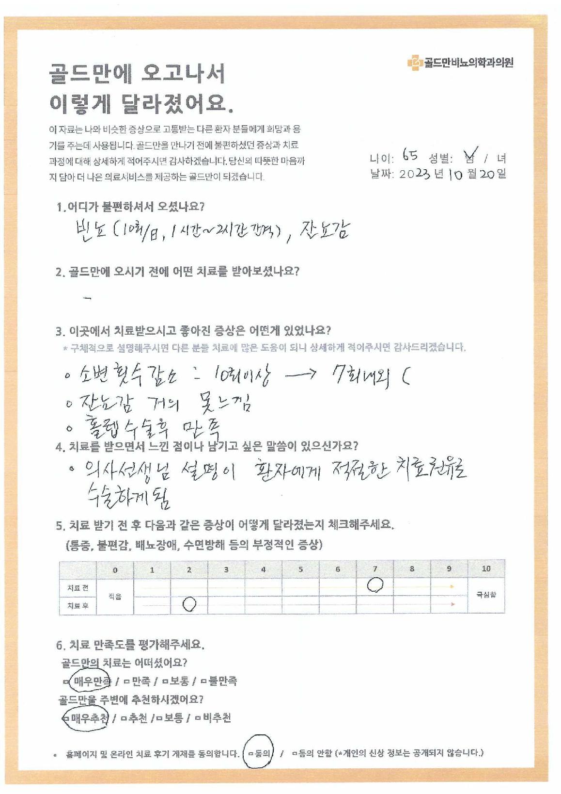 환자 치료 후기: 빈뇨, 잔뇨감 개선, 홀렙수술 만족