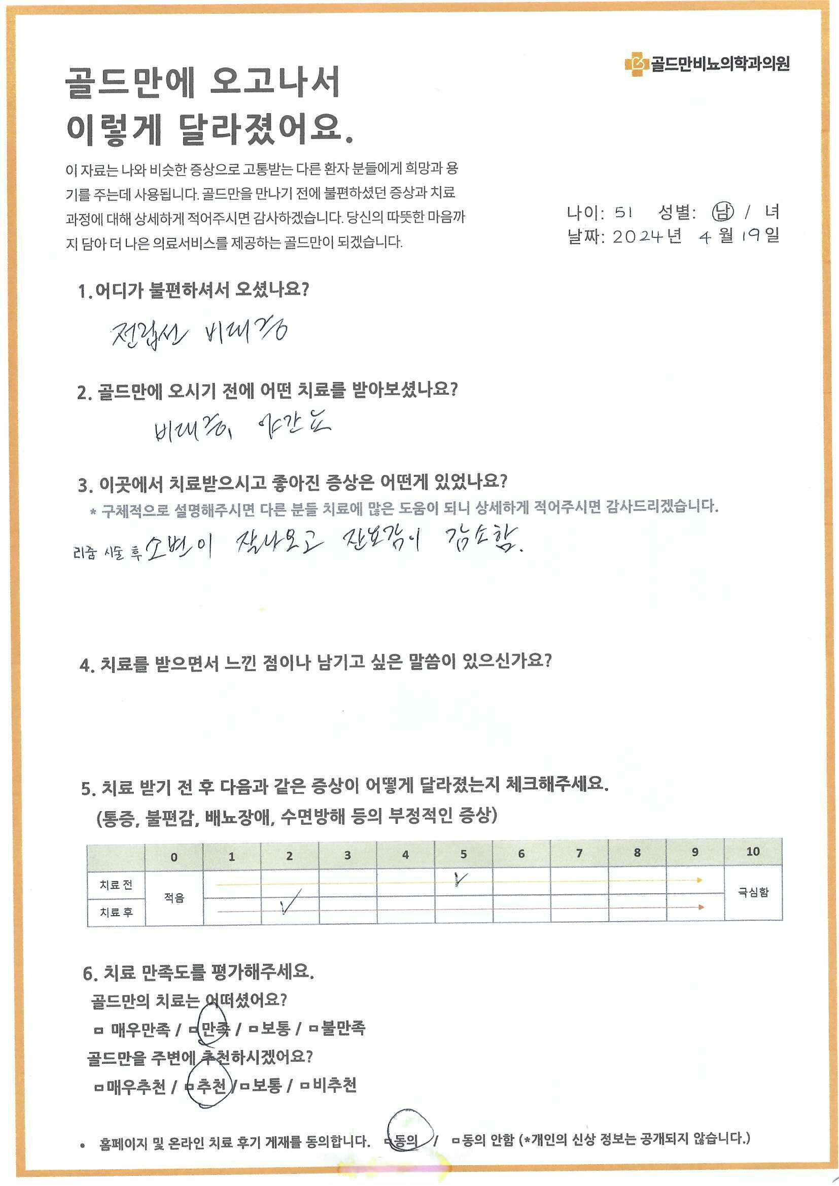- 전립선 비대증 치료 후기- 골드만비뇨의학과의원 치료 후기- 잔뇨감 감소, 배뇨 개선 후기- 치료 전후 증상 변화 체크표- 치료 만족도 평가 설문