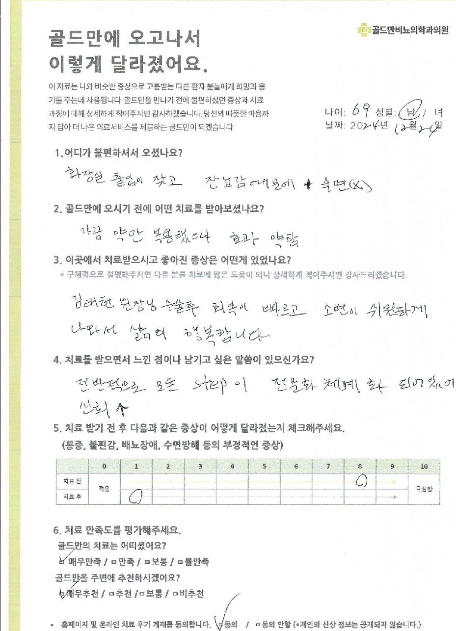 골드만 비뇨의학과 의원 치료 후기.잦은 화장실, 잔뇨감 개선, 삶의 질 향상.김태헌 원장님 수술 후 회복, 시원한 배뇨.전문적, 체계적인 진료 시스템에 대한 신뢰.치료 만족도 매우